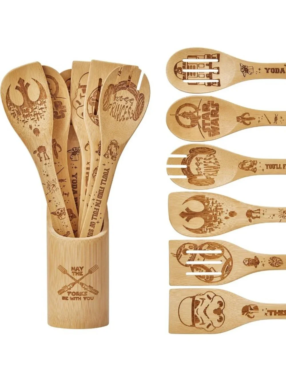 7PCS Bamboo Cooking Utensils Set - Wooden Spoons & Spatulas for Kitchen Decor